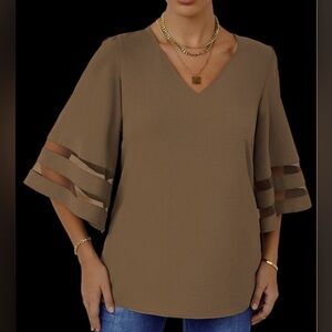 Vintage style  3/4 Bell Sleeve Mesh Panel V Neck Blouse Sz M